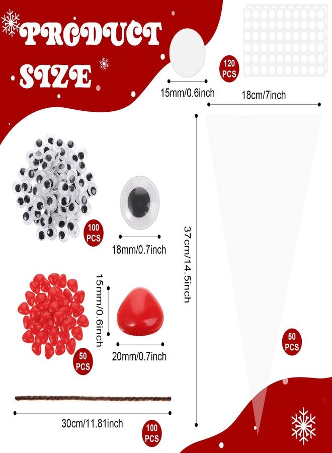 Resholder 300 Pcs Christmas Reindeer Cone Cellophane Bags Kit DIY 7.1x14.6 Inch Clear Cone Shaped Treat Bag with Pipe Cleaner Wiggle Eyes Nose for Popcorn Cotton Candy Goodie Cookie Party Favor - Image 2